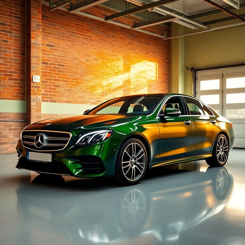 Ciemnozielony Mercedes E-Class w studyjnym oświetleniu